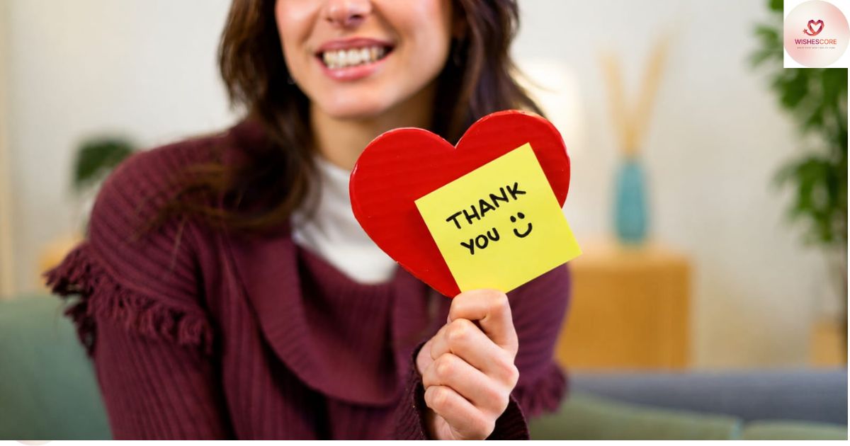 A smiling woman holding a red heart with a thank you note, symbolizing deep love, heartfelt romance, affection, and emotional love messages for her.