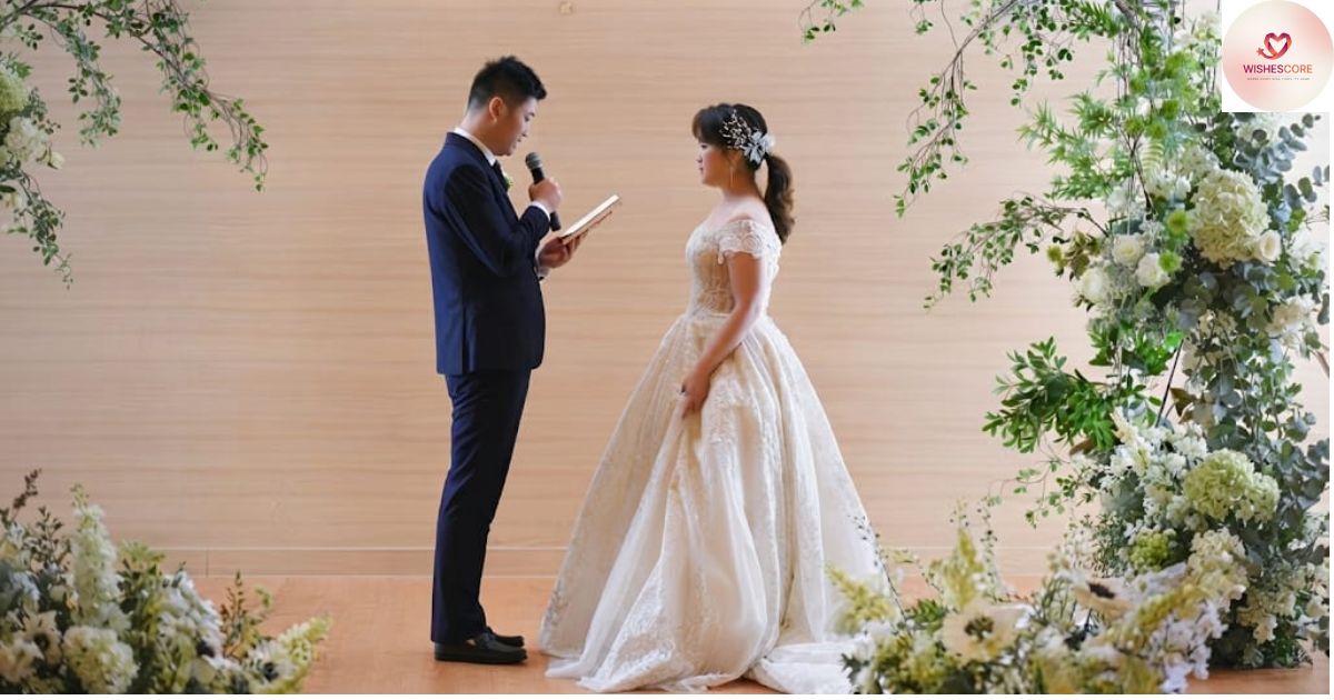 Bride and groom exchanging romantic wedding vows during a beautiful wedding ceremony with heartfelt promise examples
